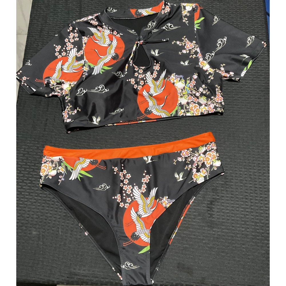 Women 3XL Crane Cherry Blossom Oriental Print High Waist Bikini Set Black Orange